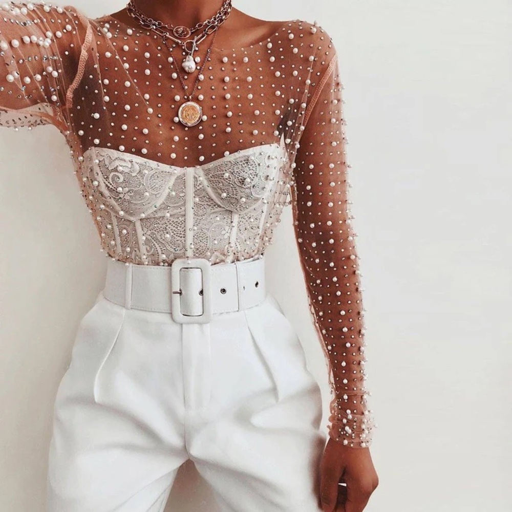 NWT Love Tree Crystal and Glisten Pearl Mesh Top in Nude size Small